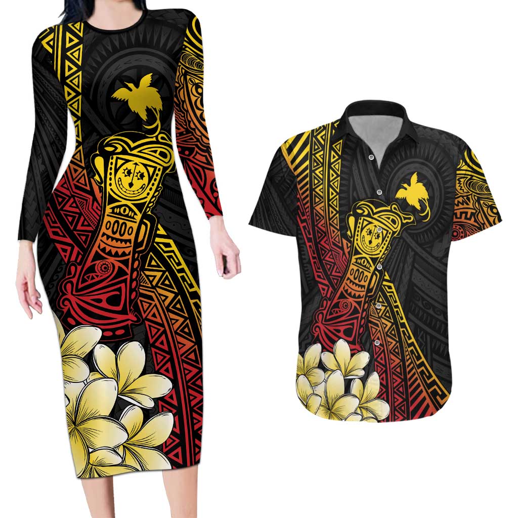 Personalized Papua New Guinea Couples Matching Long Sleeve Bodycon Dress and Hawaiian Shirt Kundu Drum Carving Motifs