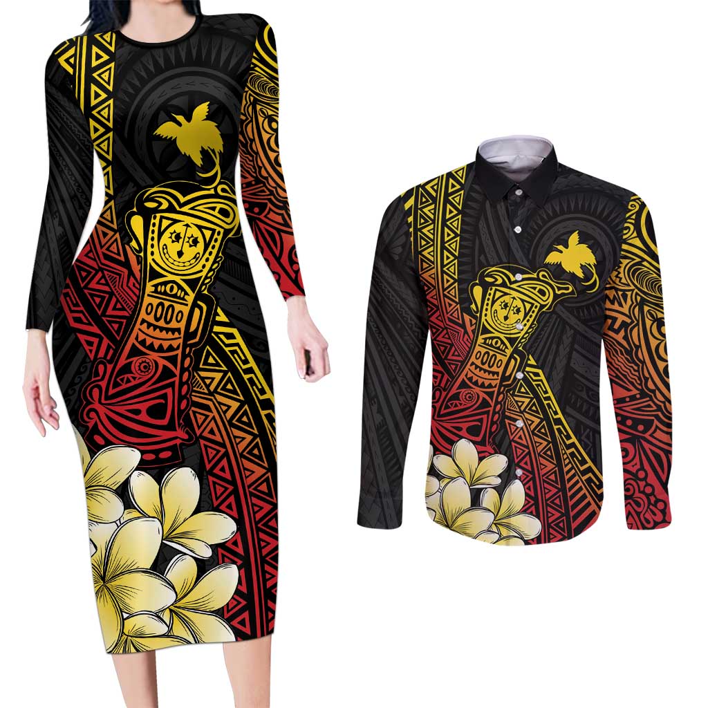 Personalized Papua New Guinea Couples Matching Long Sleeve Bodycon Dress and Long Sleeve Button Shirt Kundu Drum Carving Motifs