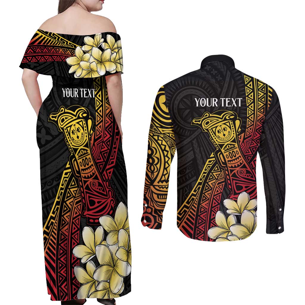 Personalized Papua New Guinea Couples Matching Off Shoulder Maxi Dress and Long Sleeve Button Shirt Kundu Drum Carving Motifs