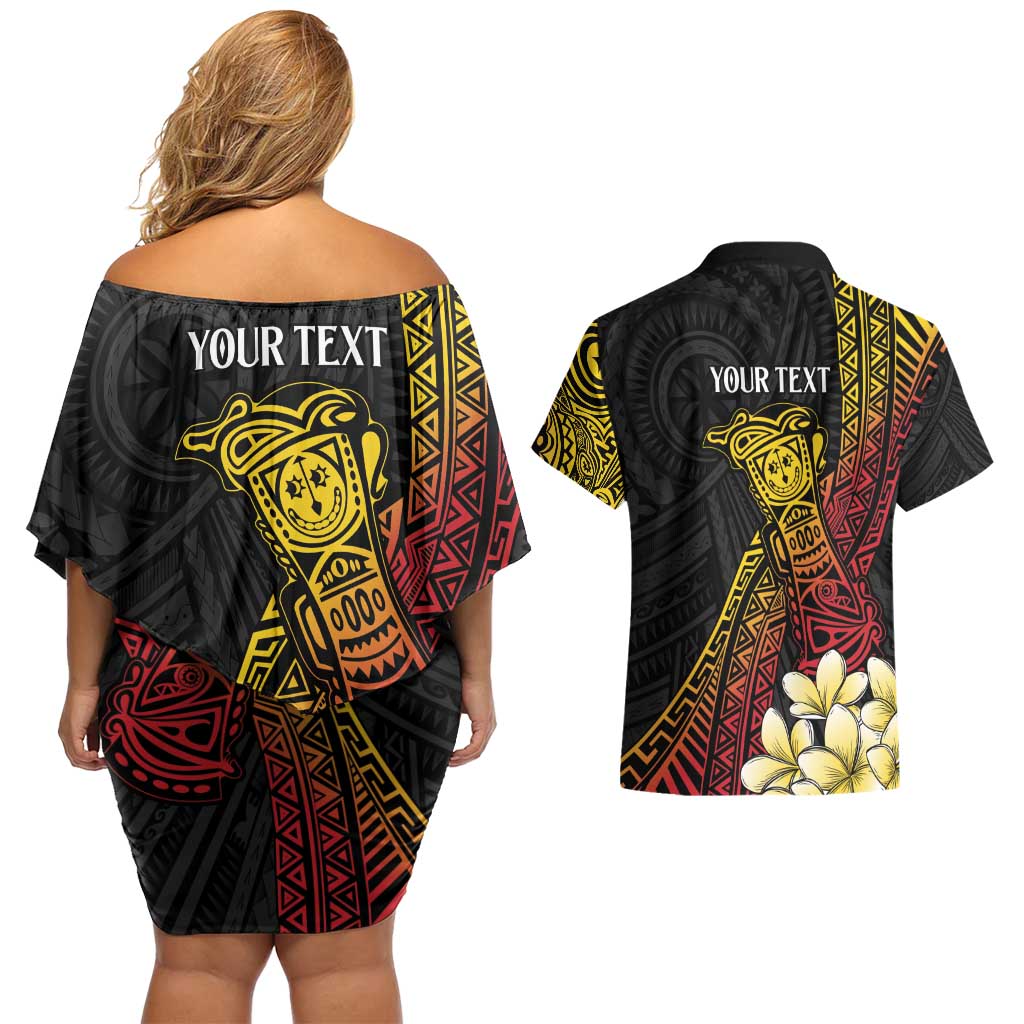 Personalized Papua New Guinea Couples Matching Off Shoulder Short Dress and Hawaiian Shirt Kundu Drum Carving Motifs
