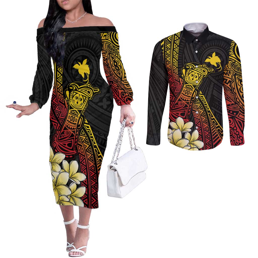 Personalized Papua New Guinea Couples Matching Off The Shoulder Long Sleeve Dress and Long Sleeve Button Shirt Kundu Drum Carving Motifs