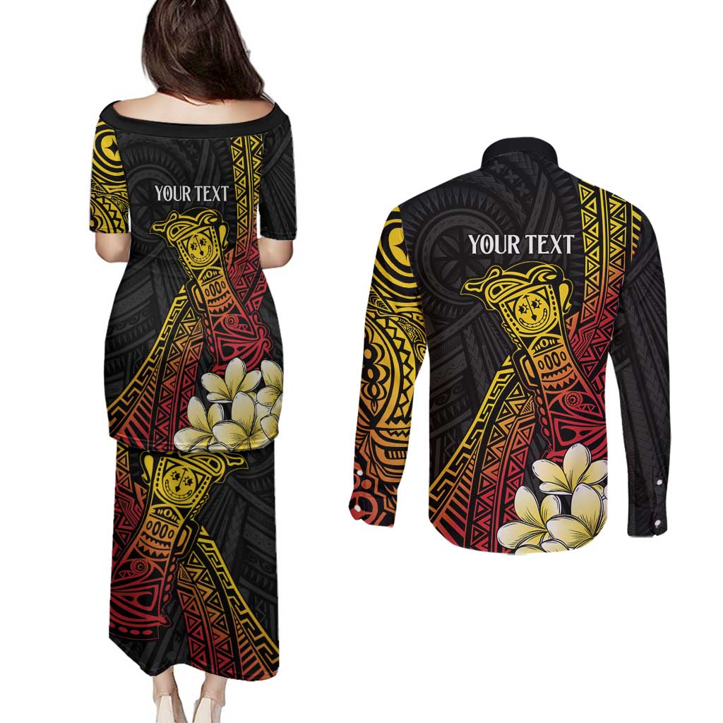 Personalized Papua New Guinea Couples Matching Puletasi and Long Sleeve Button Shirt Kundu Drum Carving Motifs