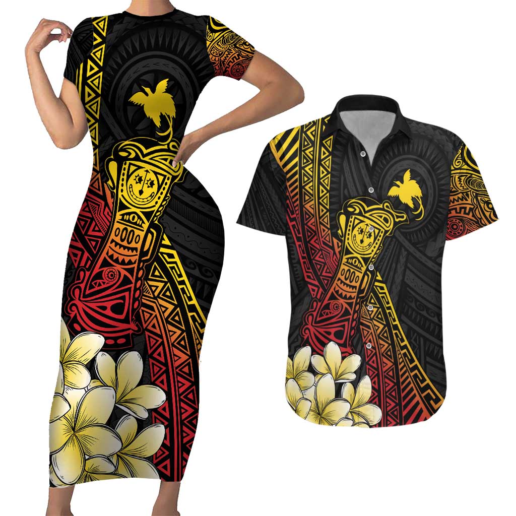 Personalized Papua New Guinea Couples Matching Short Sleeve Bodycon Dress and Hawaiian Shirt Kundu Drum Carving Motifs
