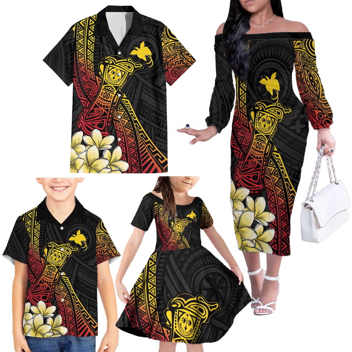 Personalized Papua New Guinea Family Matching Off The Shoulder Long Sleeve Dress and Hawaiian Shirt Kundu Drum Carving Motifs
