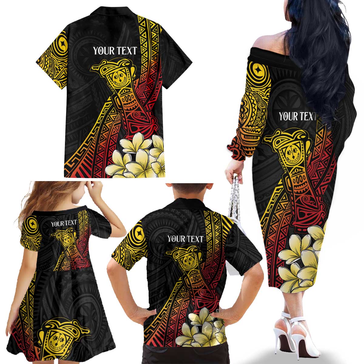 Personalized Papua New Guinea Family Matching Off The Shoulder Long Sleeve Dress and Hawaiian Shirt Kundu Drum Carving Motifs