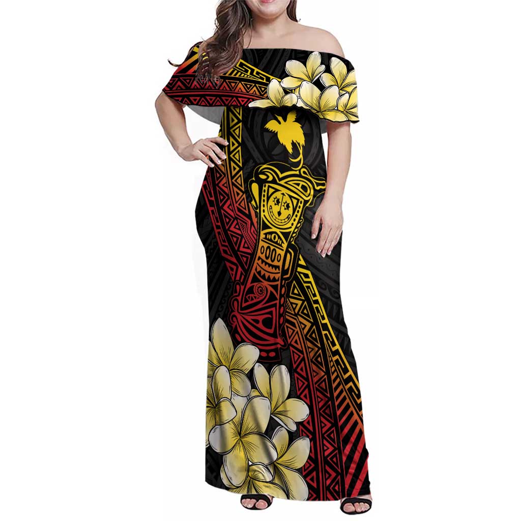 Personalized Papua New Guinea Family Matching Off Shoulder Maxi Dress and Hawaiian Shirt Kundu Drum Carving Motifs