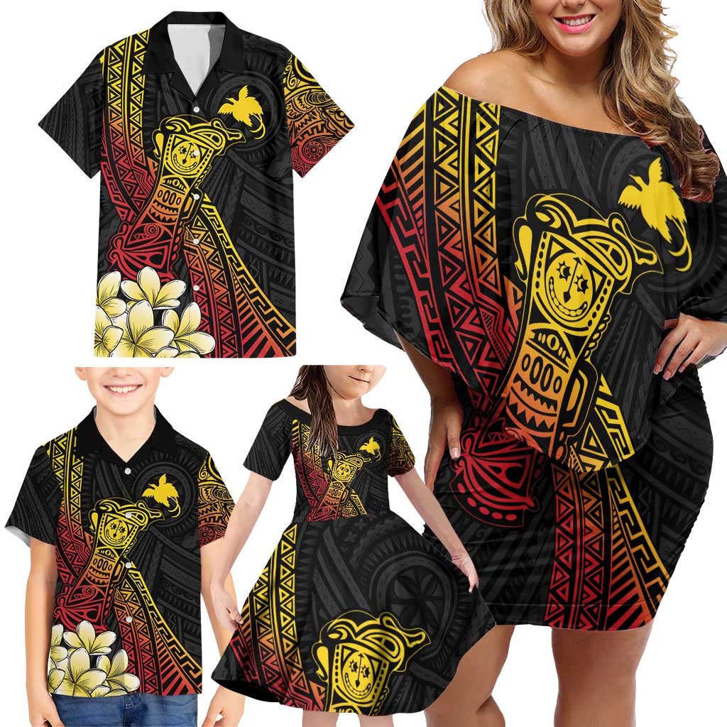 Personalized Papua New Guinea Family Matching Off Shoulder Short Dress and Hawaiian Shirt Kundu Drum Carving Motifs