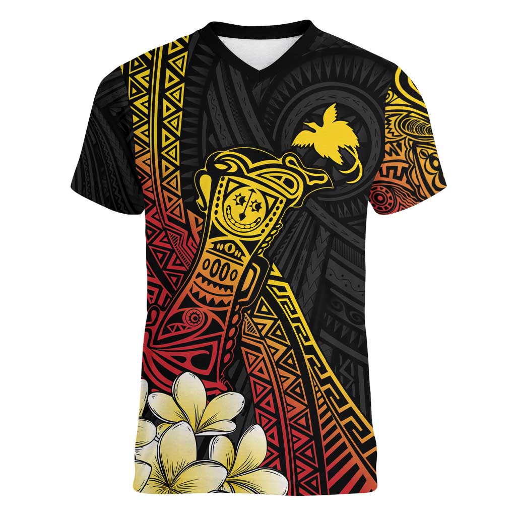 Personalized Papua New Guinea Women V-Neck T-Shirt Kundu Drum Carving Motifs