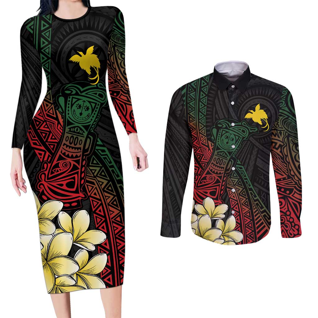 Personalized Papua New Guinea Couples Matching Long Sleeve Bodycon Dress and Long Sleeve Button Shirt Kundu Drum Motifs - Sepik Colors