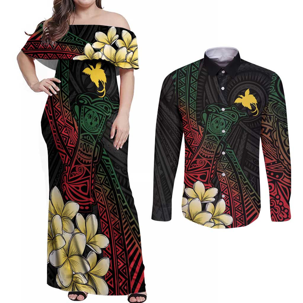 Personalized Papua New Guinea Couples Matching Off Shoulder Maxi Dress and Long Sleeve Button Shirt Kundu Drum Motifs - Sepik Colors