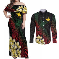 Personalized Papua New Guinea Couples Matching Off Shoulder Maxi Dress and Long Sleeve Button Shirt Kundu Drum Motifs - Sepik Colors