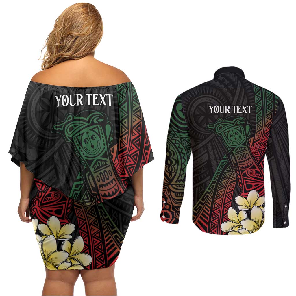 Personalized Papua New Guinea Couples Matching Off Shoulder Short Dress and Long Sleeve Button Shirt Kundu Drum Motifs - Sepik Colors