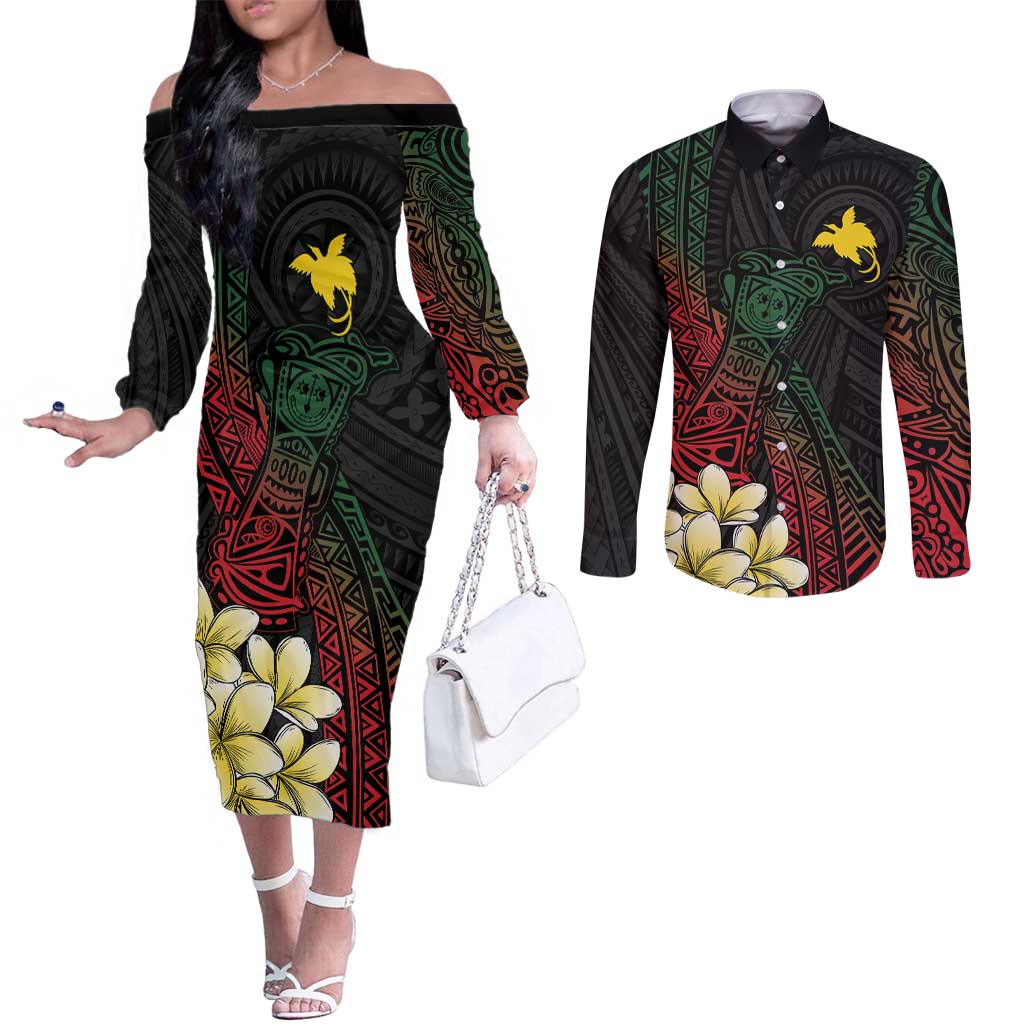 Personalized Papua New Guinea Couples Matching Off The Shoulder Long Sleeve Dress and Long Sleeve Button Shirt Kundu Drum Motifs - Sepik Colors
