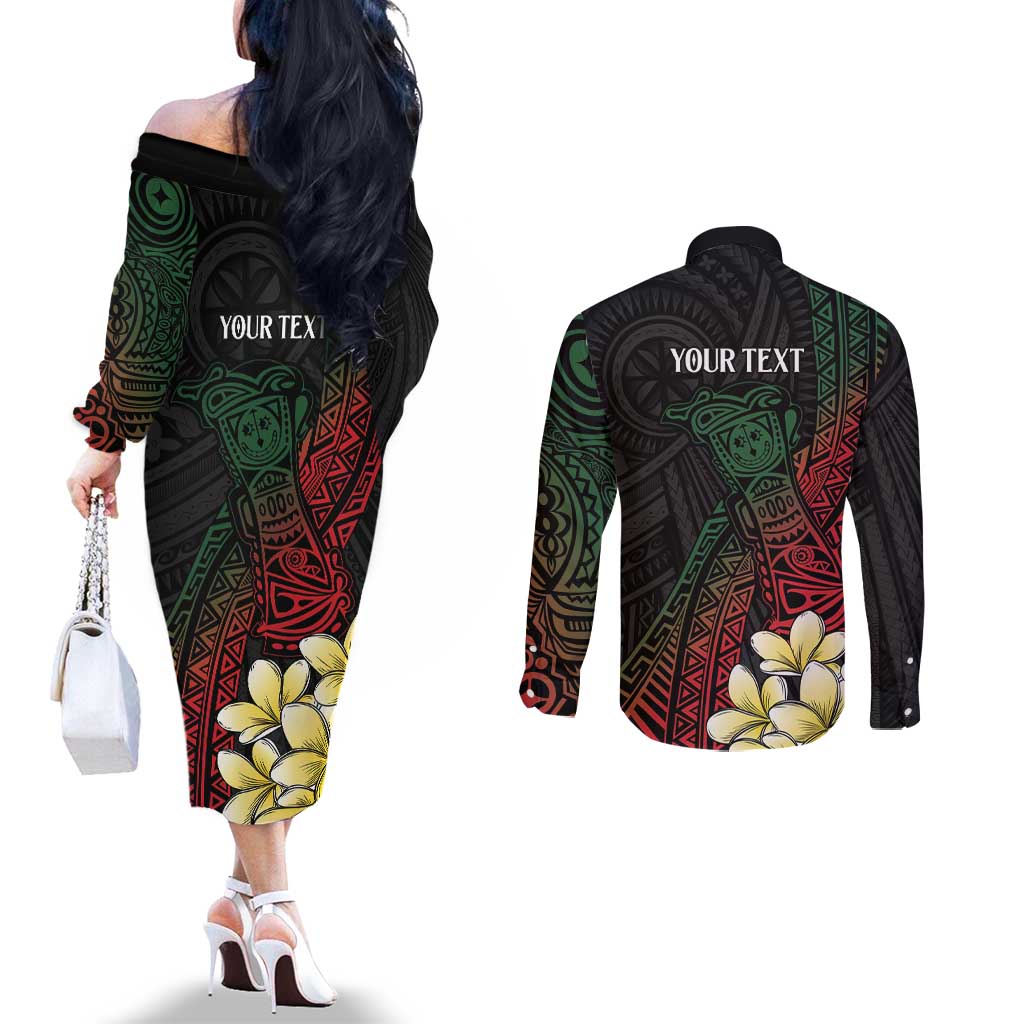 Personalized Papua New Guinea Couples Matching Off The Shoulder Long Sleeve Dress and Long Sleeve Button Shirt Kundu Drum Motifs - Sepik Colors