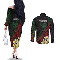 Personalized Papua New Guinea Couples Matching Off The Shoulder Long Sleeve Dress and Long Sleeve Button Shirt Kundu Drum Motifs - Sepik Colors