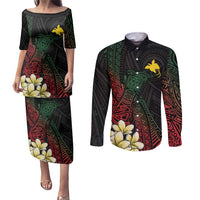 Personalized Papua New Guinea Couples Matching Puletasi and Long Sleeve Button Shirt Kundu Drum Motifs - Sepik Colors