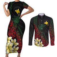 Personalized Papua New Guinea Couples Matching Short Sleeve Bodycon Dress and Long Sleeve Button Shirt Kundu Drum Motifs - Sepik Colors