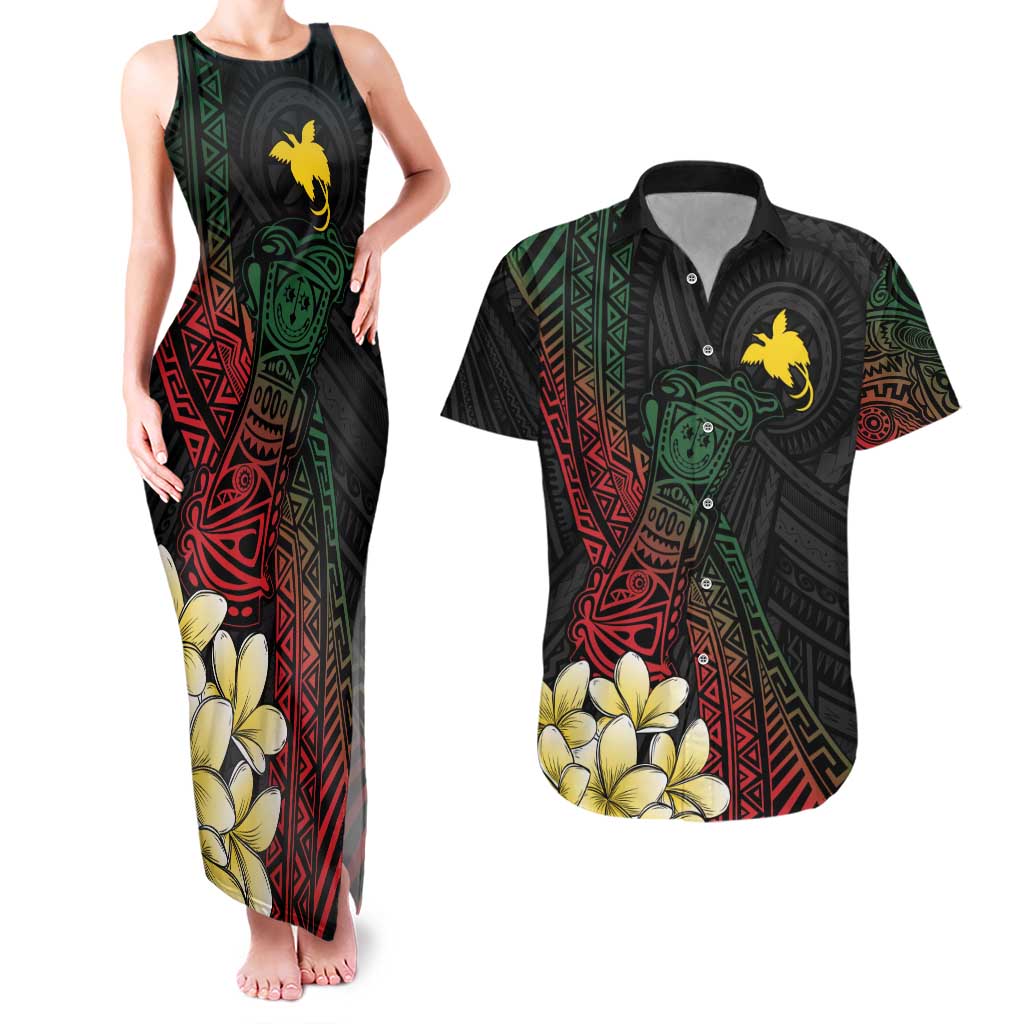 Personalized Papua New Guinea Couples Matching Tank Maxi Dress and Hawaiian Shirt Kundu Drum Motifs - Sepik Colors