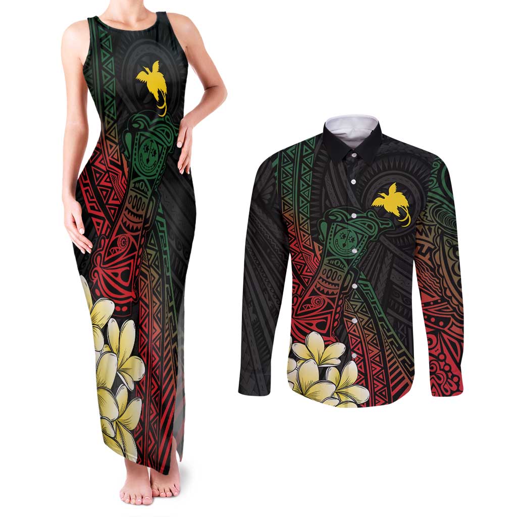 Personalized Papua New Guinea Couples Matching Tank Maxi Dress and Long Sleeve Button Shirt Kundu Drum Motifs - Sepik Colors