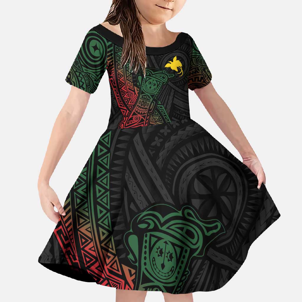 Personalized Papua New Guinea Family Matching Off Shoulder Maxi Dress and Hawaiian Shirt Kundu Drum Motifs - Sepik Colors