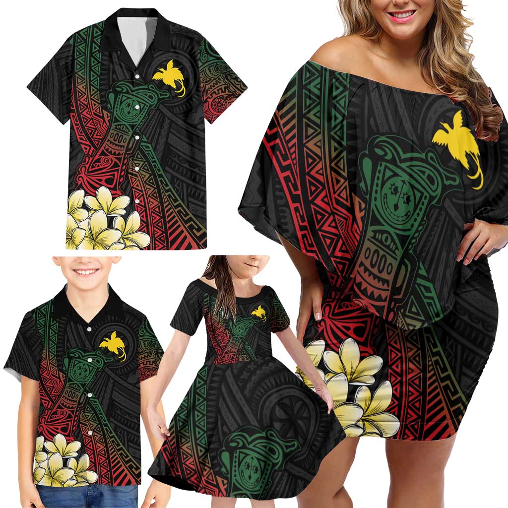 Personalized Papua New Guinea Family Matching Off Shoulder Short Dress and Hawaiian Shirt Kundu Drum Motifs - Sepik Colors