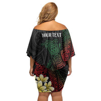 Personalized Papua New Guinea Family Matching Off Shoulder Short Dress and Hawaiian Shirt Kundu Drum Motifs - Sepik Colors