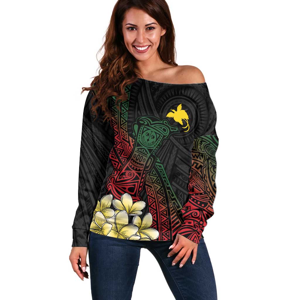 Personalized Papua New Guinea Off Shoulder Sweater Kundu Drum Motifs - Sepik Colors