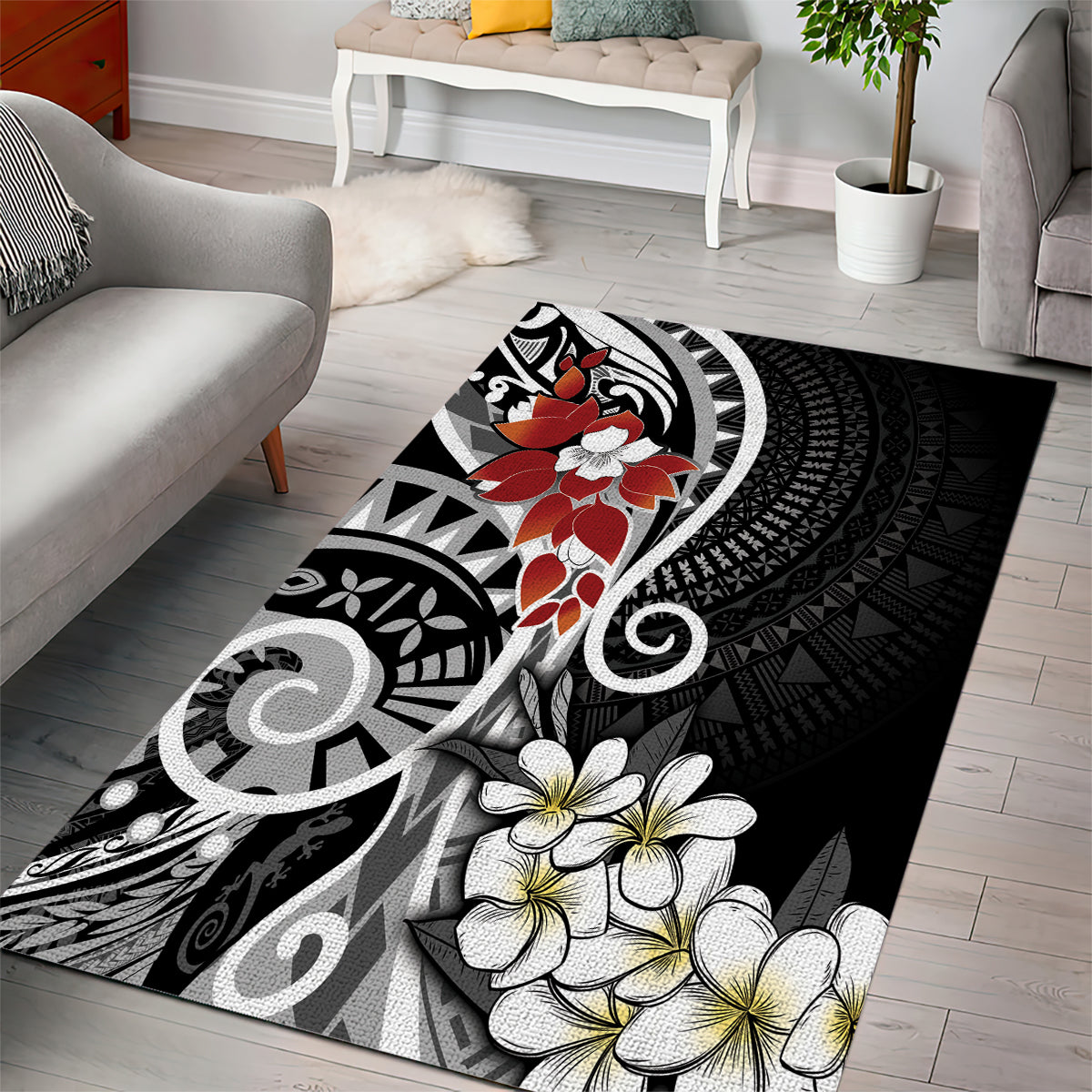 Bula Fiji Tagimaucia Mix Plumeria Masi Tapa Area Rug Black