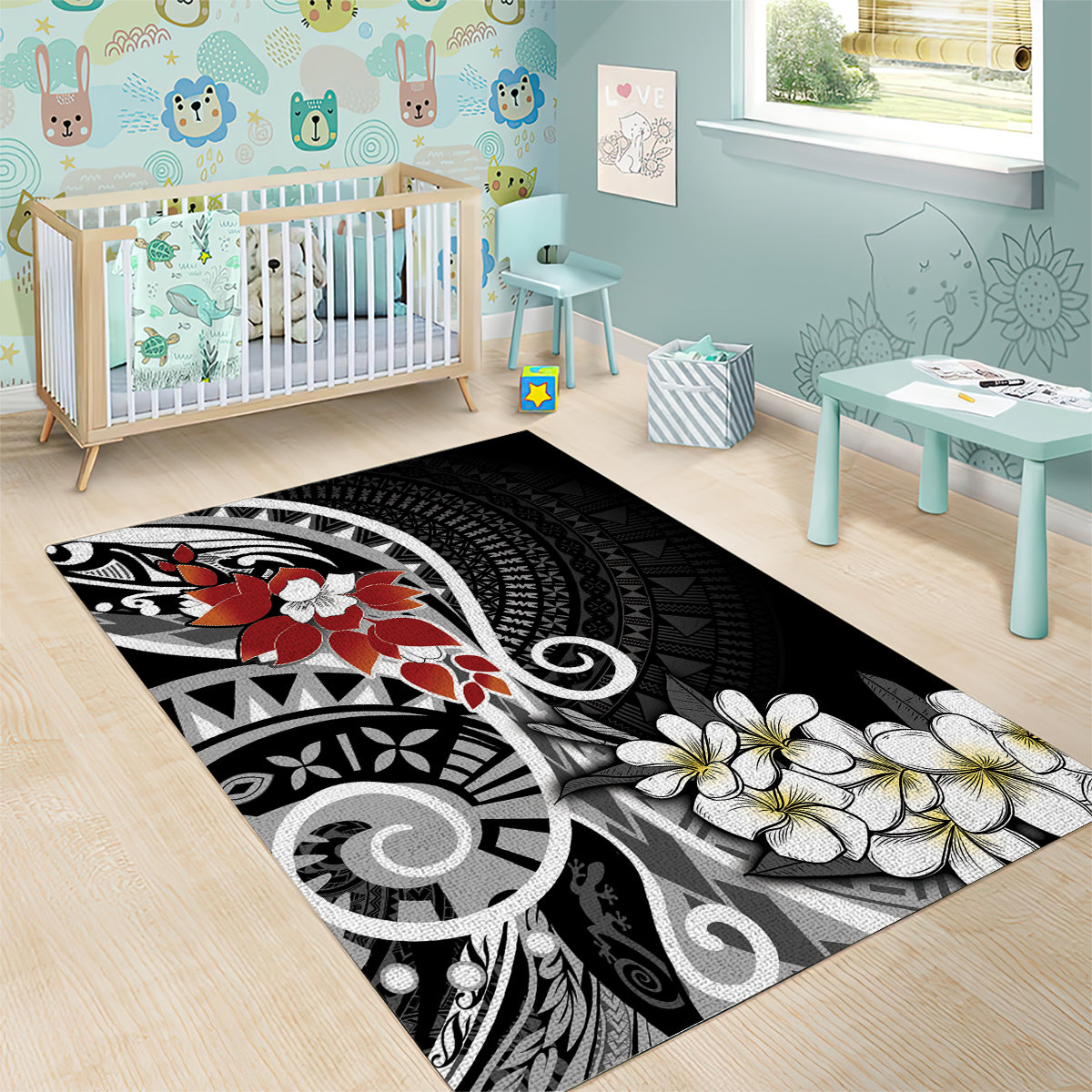 Bula Fiji Tagimaucia Mix Plumeria Masi Tapa Area Rug Black