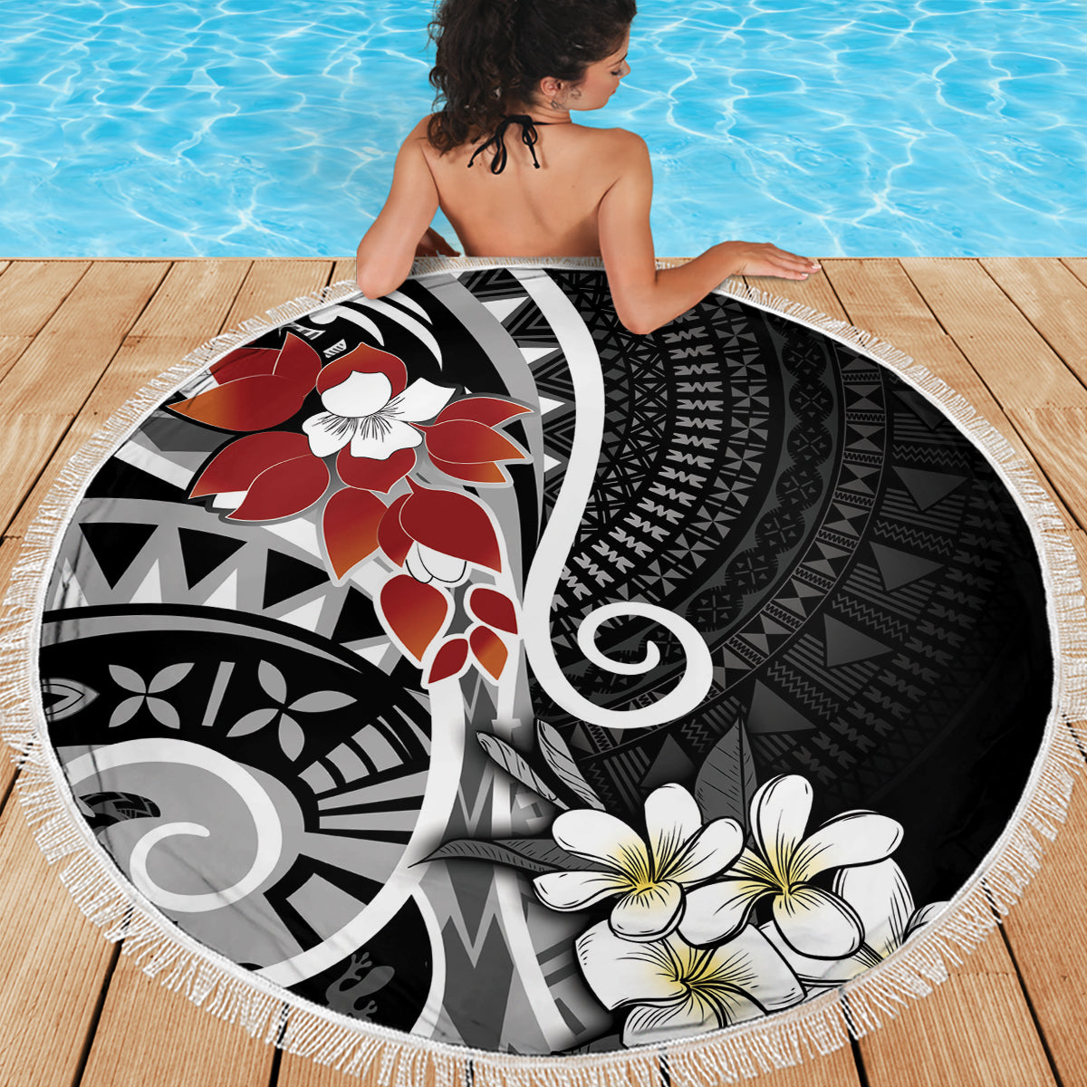 Bula Fiji Tagimaucia Mix Plumeria Masi Tapa Beach Blanket Black
