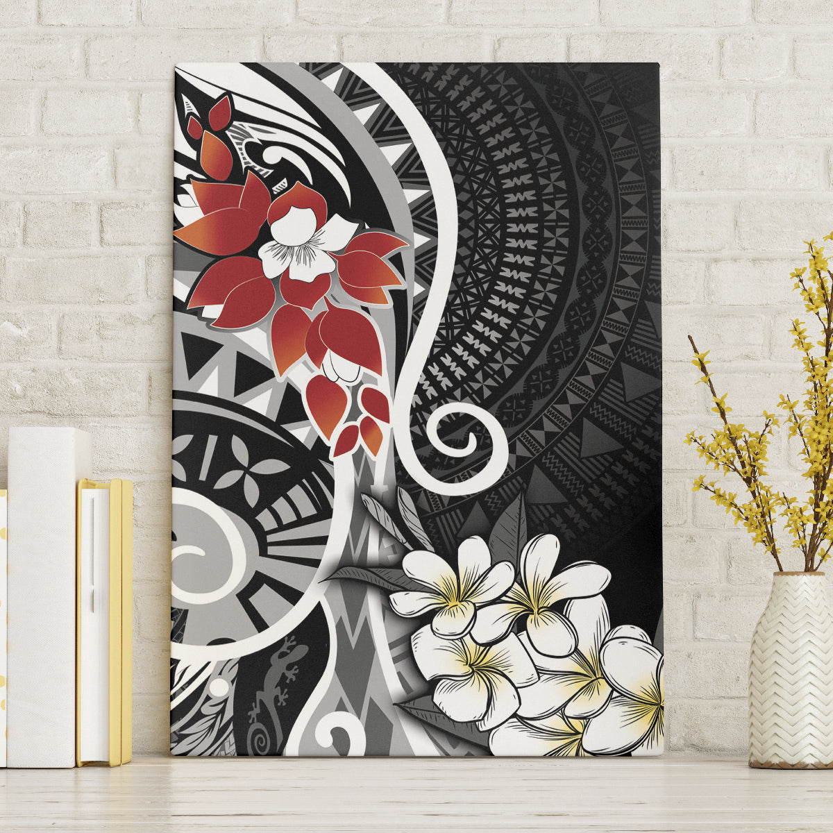 Bula Fiji Tagimaucia Mix Plumeria Masi Tapa Canvas Wall Art Black