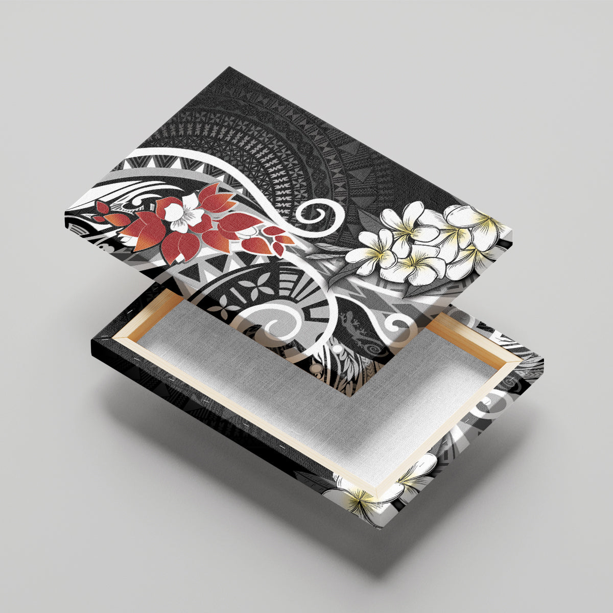 Bula Fiji Tagimaucia Mix Plumeria Masi Tapa Canvas Wall Art Black