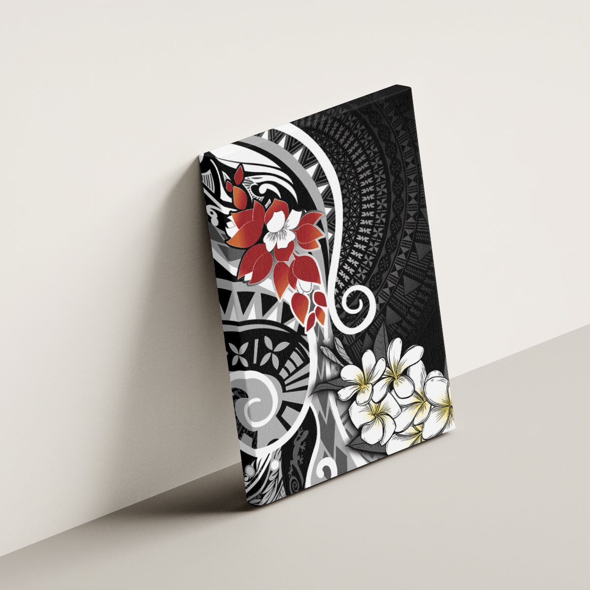 Bula Fiji Tagimaucia Mix Plumeria Masi Tapa Canvas Wall Art Black