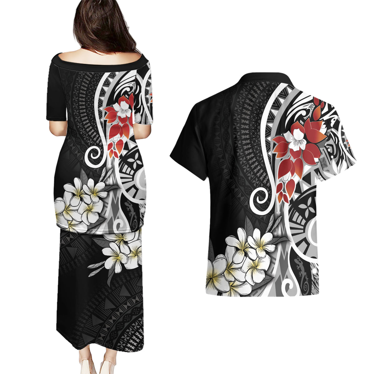 Bula Fiji Tagimaucia Mix Plumeria Masi Tapa Couples Matching Puletasi and Hawaiian Shirt Black LT7 - Polynesian Pride
