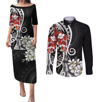 Bula Fiji Tagimaucia Mix Plumeria Masi Tapa Couples Matching Puletasi and Long Sleeve Button Shirt Black LT7 Black - Polynesian Pride