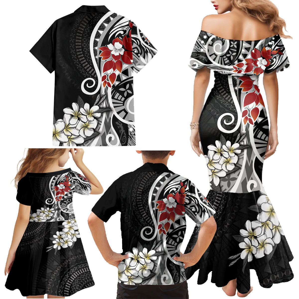 Bula Fiji Tagimaucia Mix Plumeria Masi Tapa Family Matching Mermaid Dress and Hawaiian Shirt Black LT7 - Polynesian Pride
