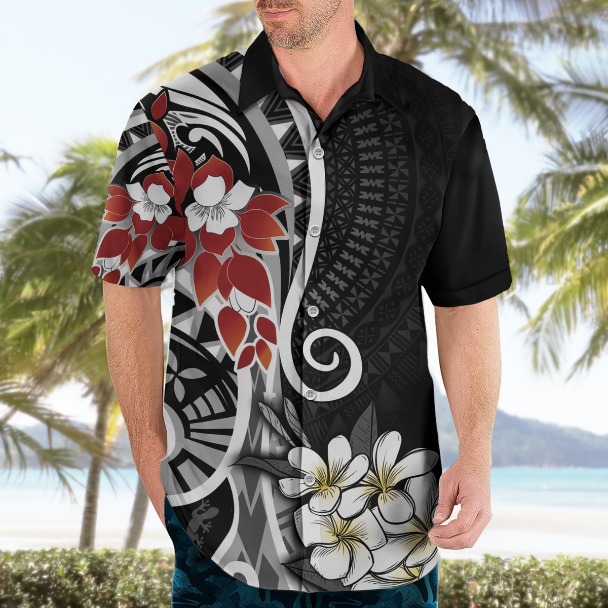 Bula Fiji Tagimaucia Mix Plumeria Masi Tapa Hawaiian Shirt Black LT7 - Polynesian Pride