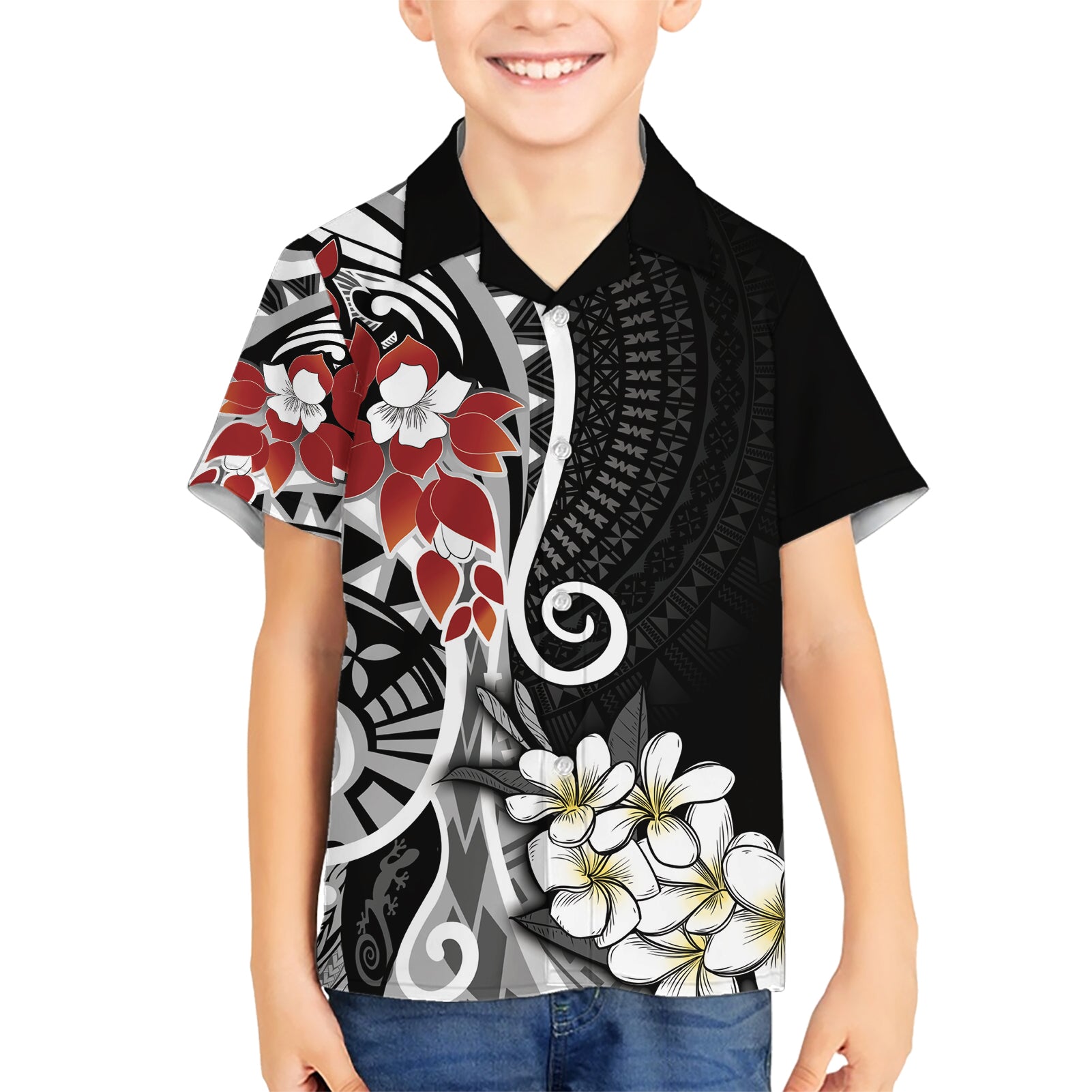 Bula Fiji Tagimaucia Mix Plumeria Masi Tapa Kid Hawaiian Shirt Black LT7 Kid Black - Polynesian Pride