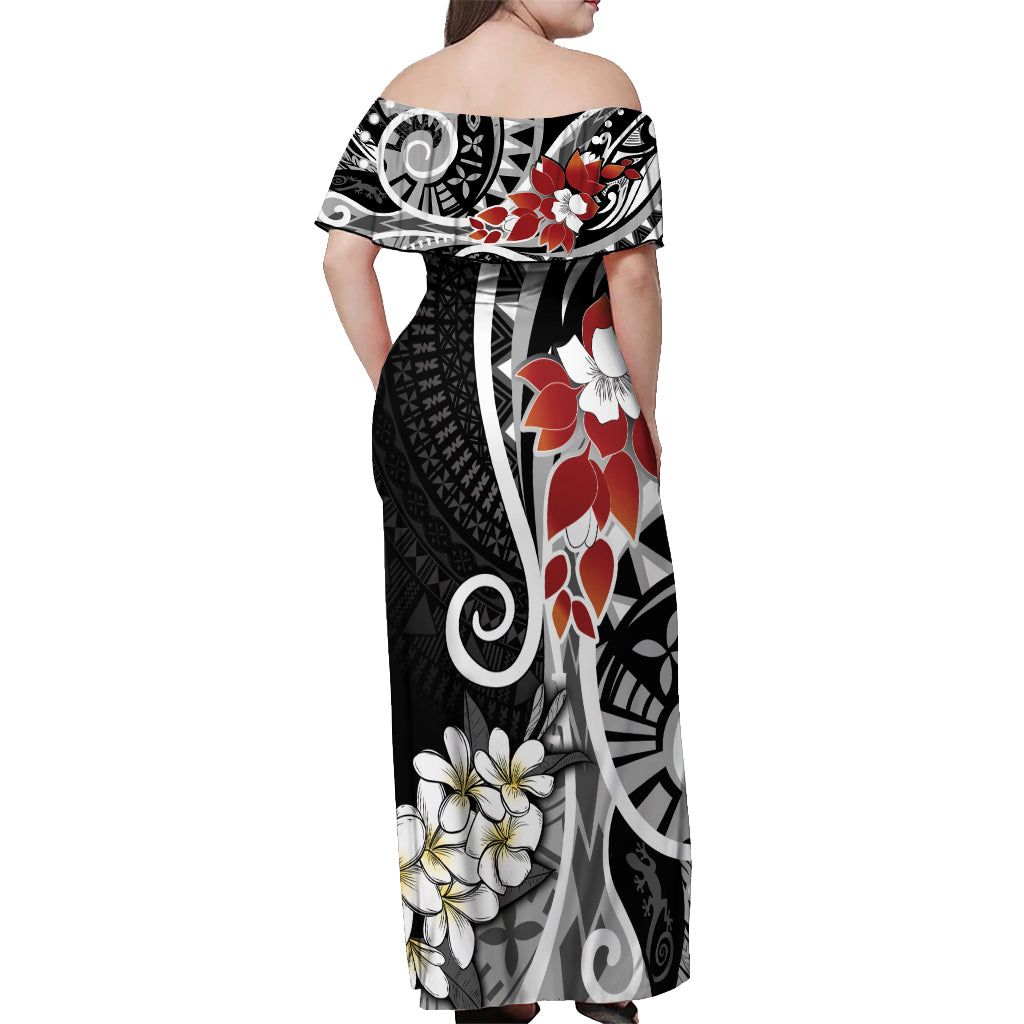 Bula Fiji Tagimaucia Mix Plumeria Masi Tapa Off Shoulder Maxi Dress Black LT7 - Polynesian Pride