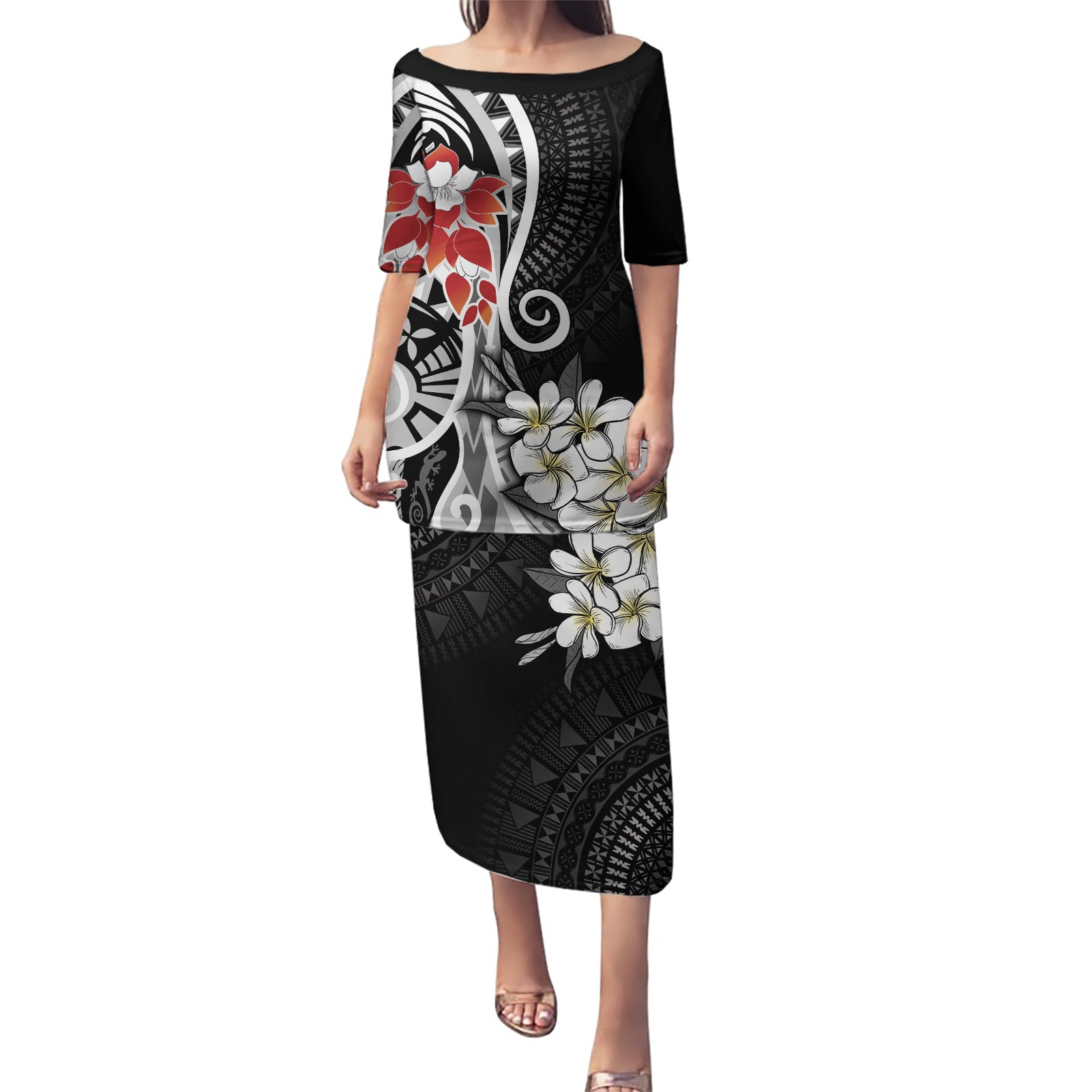 Bula Fiji Tagimaucia Mix Plumeria Masi Tapa Puletasi Black LT7 Long Dress Black - Polynesian Pride