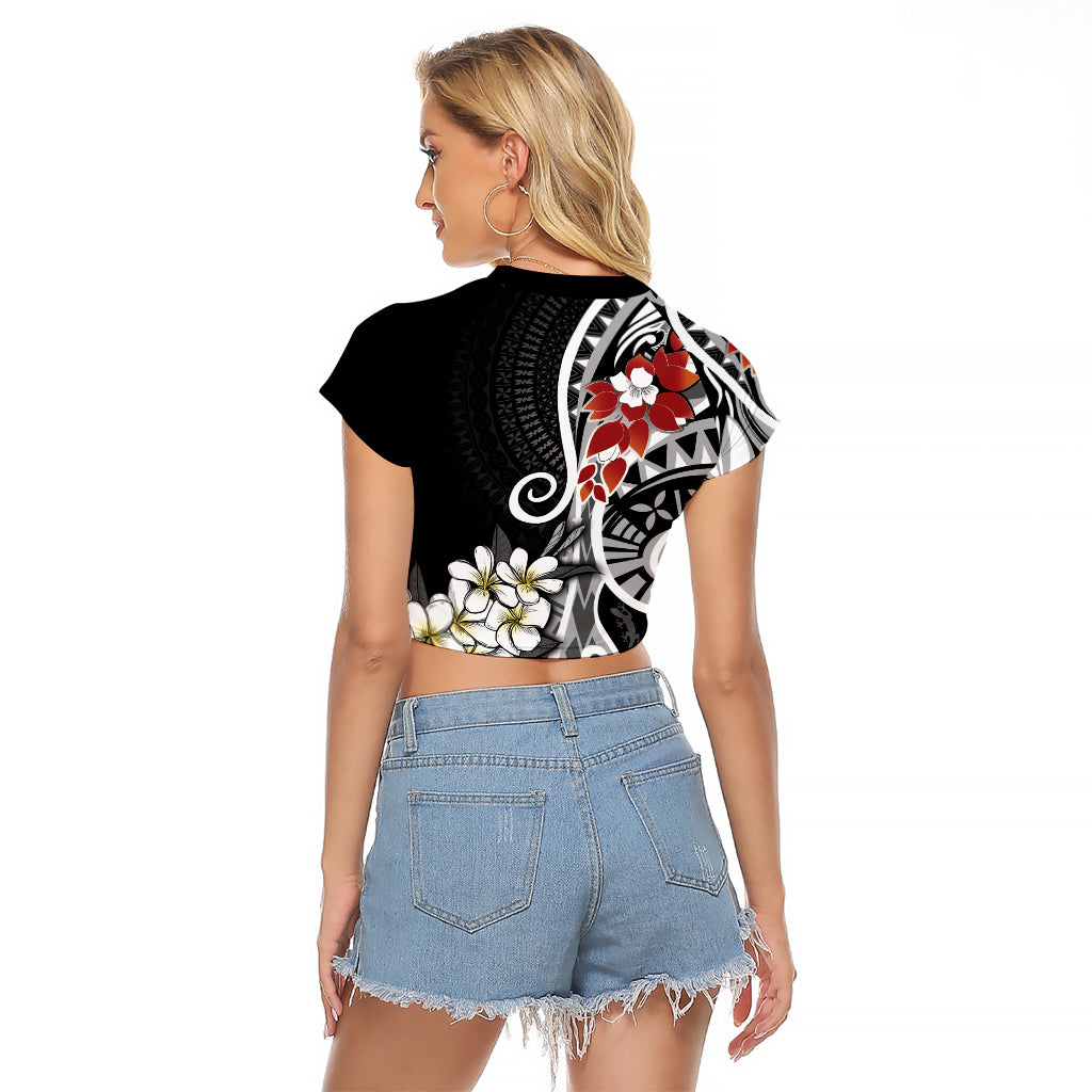 Bula Fiji Tagimaucia Mix Plumeria Masi Tapa Raglan Cropped T Shirt Black LT7 - Polynesian Pride