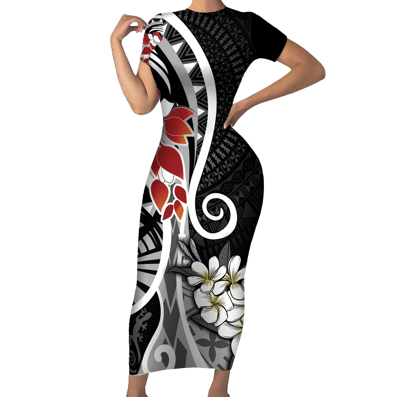 Bula Fiji Tagimaucia Mix Plumeria Masi Tapa Short Sleeve Bodycon Dress Black LT7 Long Dress Black - Polynesian Pride