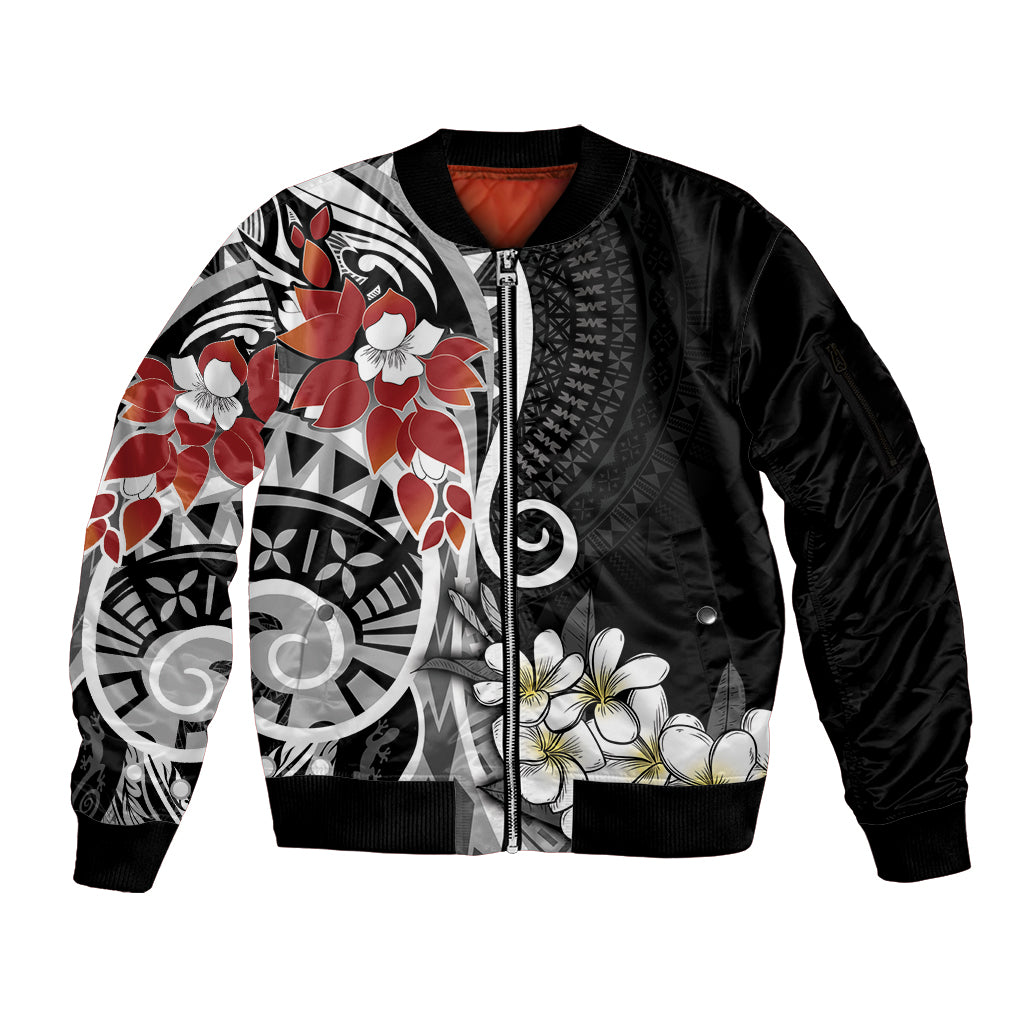 Bula Fiji Tagimaucia Mix Plumeria Masi Tapa Sleeve Zip Bomber Jacket Black LT7 Unisex Black - Polynesian Pride