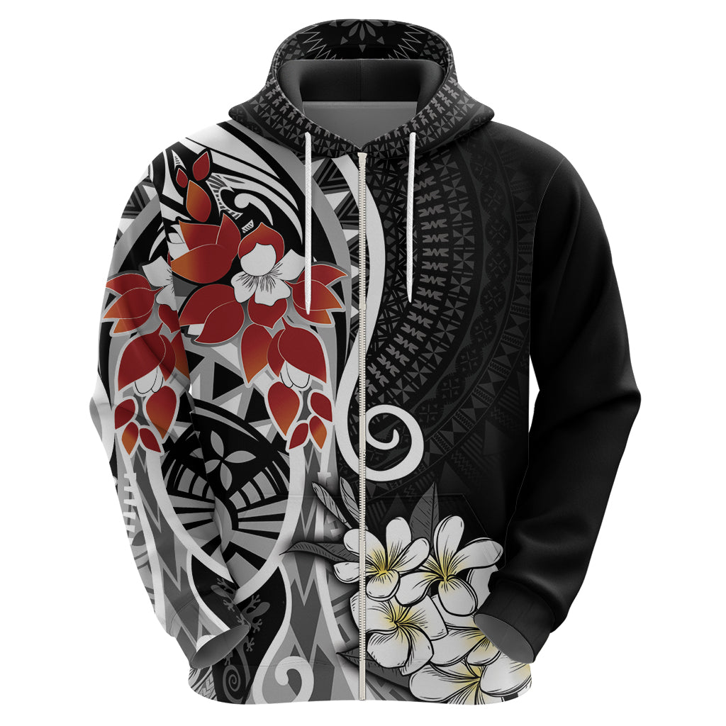 Bula Fiji Tagimaucia Mix Plumeria Masi Tapa Zip Hoodie Black LT7 - Polynesian Pride