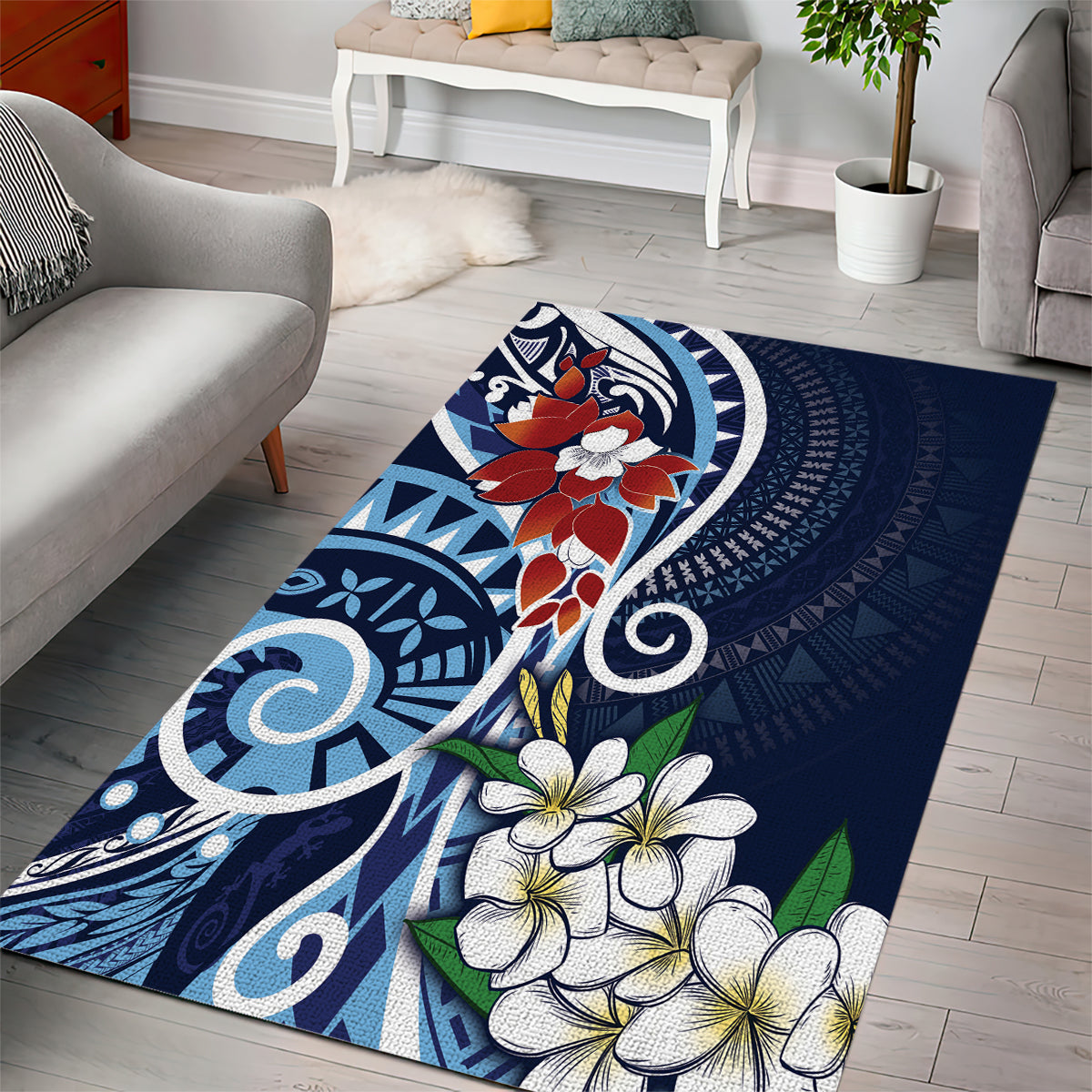 Bula Fiji Tagimaucia Mix Plumeria Masi Tapa Area Rug Blue