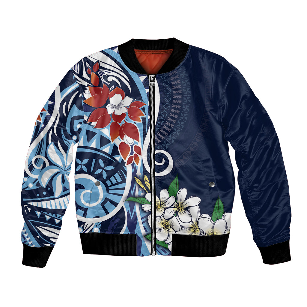 Bula Fiji Tagimaucia Mix Plumeria Masi Tapa Bomber Jacket Blue LT7 Unisex Blue - Polynesian Pride