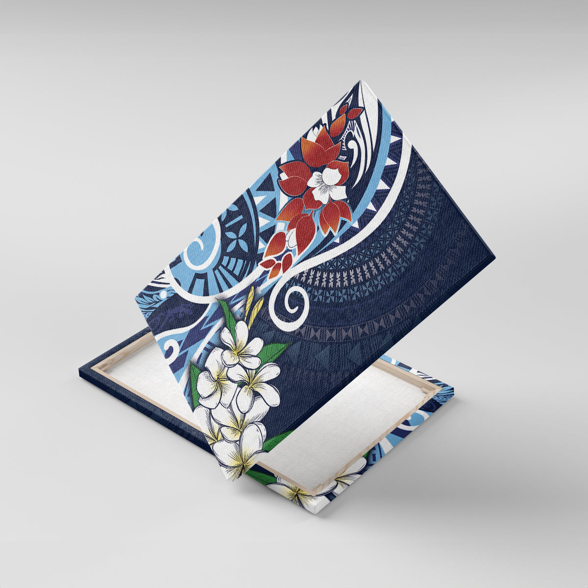 Bula Fiji Tagimaucia Mix Plumeria Masi Tapa Canvas Wall Art Blue