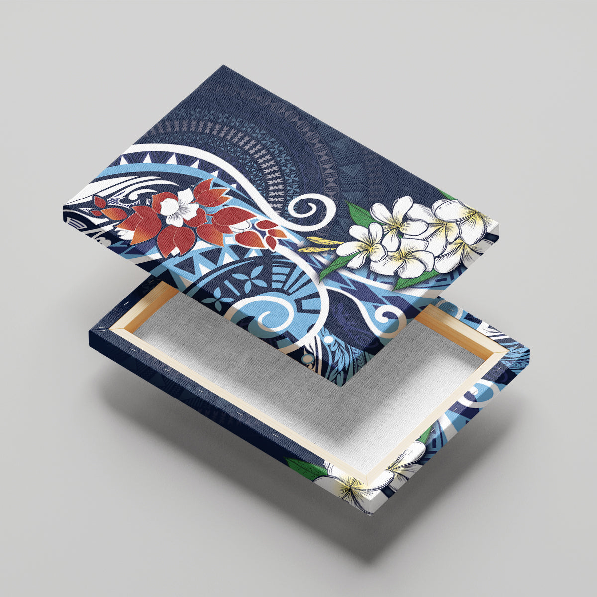 Bula Fiji Tagimaucia Mix Plumeria Masi Tapa Canvas Wall Art Blue