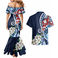 Bula Fiji Tagimaucia Mix Plumeria Masi Tapa Couples Matching Mermaid Dress and Hawaiian Shirt Blue LT7 - Polynesian Pride