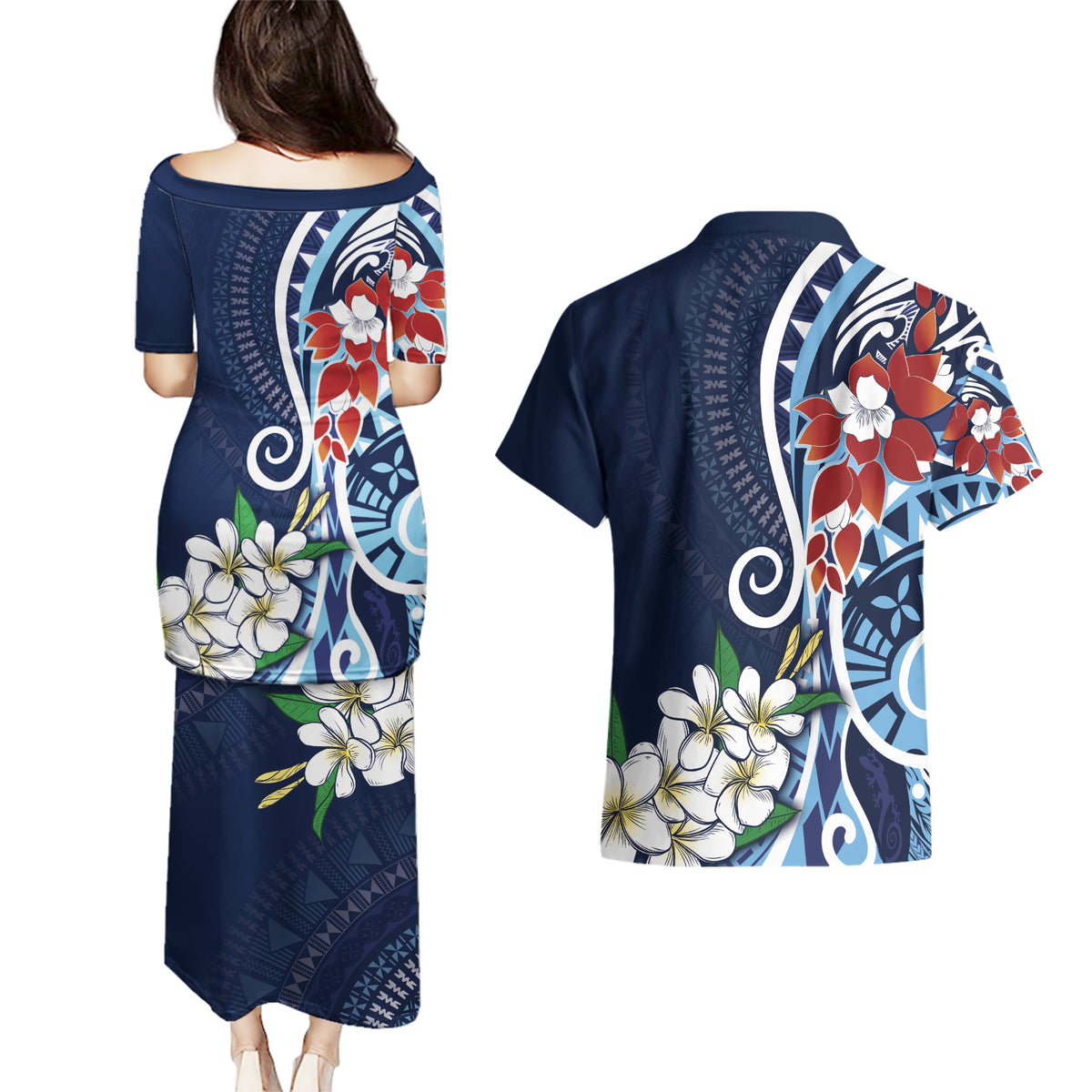 Bula Fiji Tagimaucia Mix Plumeria Masi Tapa Couples Matching Puletasi and Hawaiian Shirt Blue LT7 - Polynesian Pride